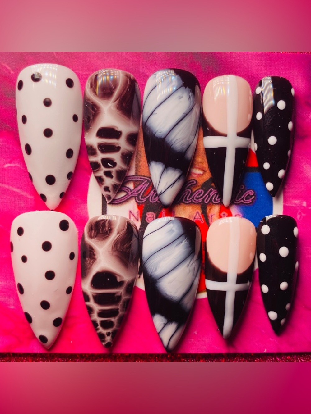Black & Pink Marble and Polka Dot Press-On Nail Set